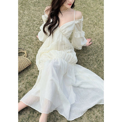 French V Neck Spaghetti Strap Bubble Sleeve White Gown Dress