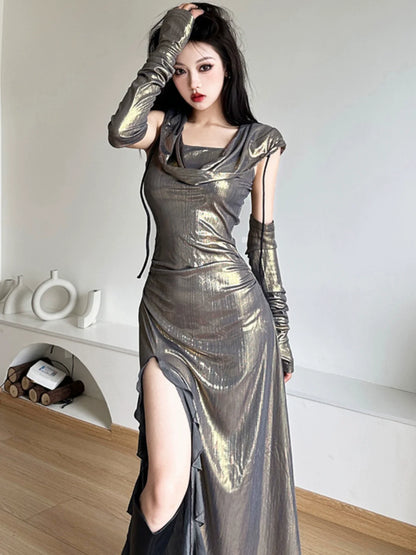 Futuristic Personalized Wasteland Style Shiny Cowl-Neck With Arm Sleeves Fitted Slit Maxi Dress