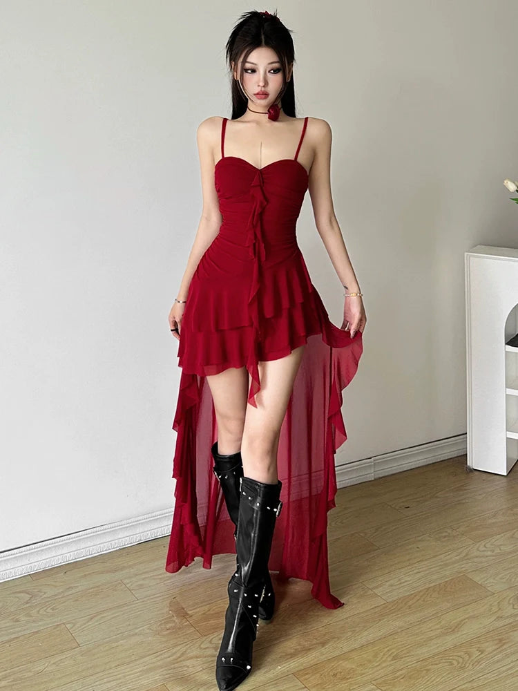 Ins-Inspired Hot & Sexy Ruffle-Paneled Ruched Asymmetrical Camisole Dress