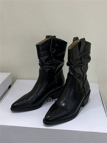 Pointed Toe Fashion Short Boots Women Fall Winter New Slouchy Chunky Heel Elevated Mid Calf Suede Western Boots