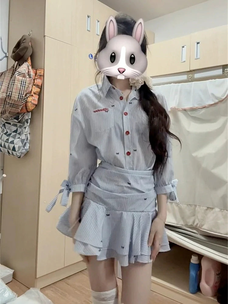 Blue-White Stripe Collared Mid-Sleeve Shirt Waist-Cinched Ruffled Summer Mini Dress