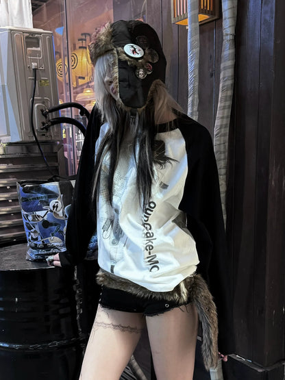 Subculture Black-White Raglan Tee Colorblock Loose Y2K Top