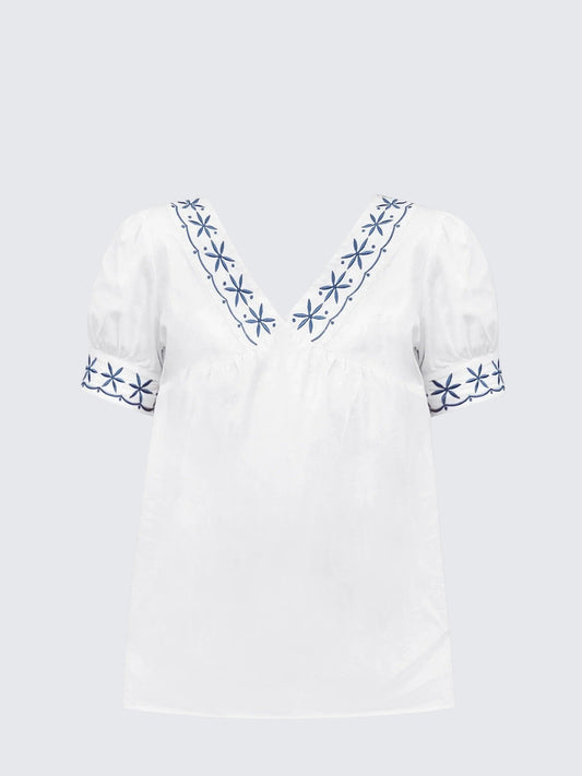 French Vintage Embroidered V-Neck T-Shirt