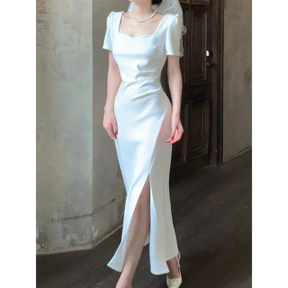 French Short Sleeve Square Neck Gown Dress