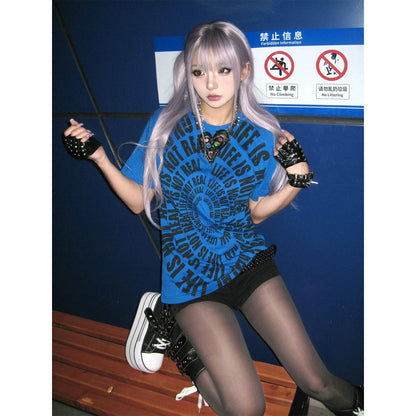 Y2K Subculture Blue Letter Print Fitted Tee  Structured Shoulder Short Sleeve Top