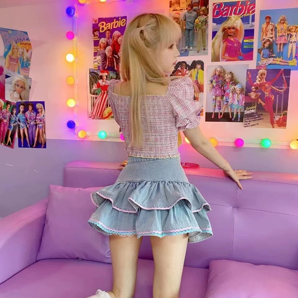Denim Puff Cake Skirt Subculture Y2K E-girl Japanese Cute High-Waisted Slimming Fluffy Skirt (Summer)