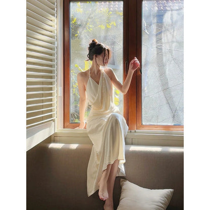 French Satin Halter Neck Pearl Waist Holiday Bodycon Gown Dress