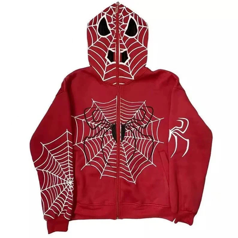 Red Y2K Punk Spider-Web Zip-Up Hoodie