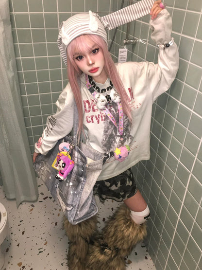 V Neck Distressed Long Sleeve T Shirt Y2K Visual Kei Top