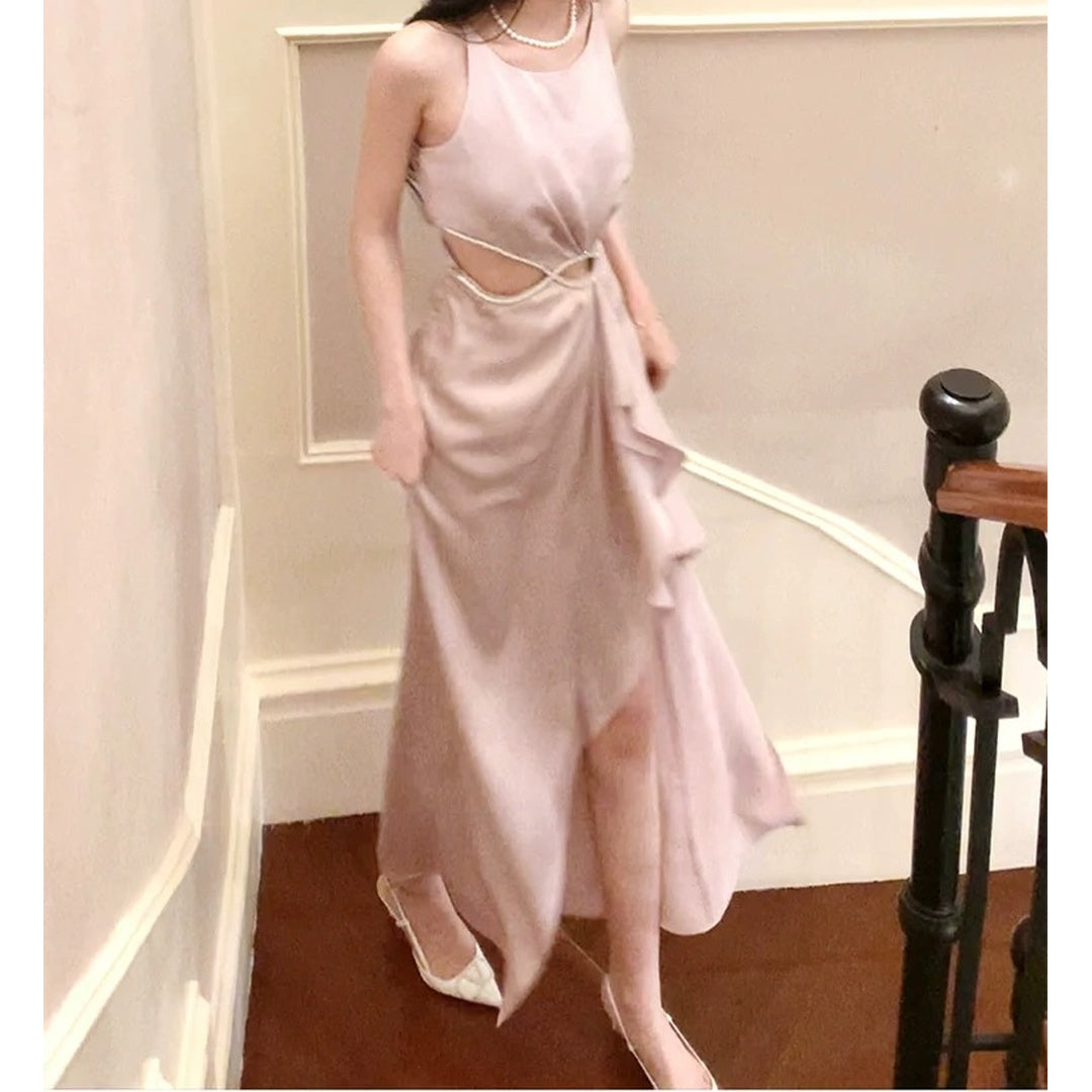 Zirconia Cutout Waist Satin Gown Dress