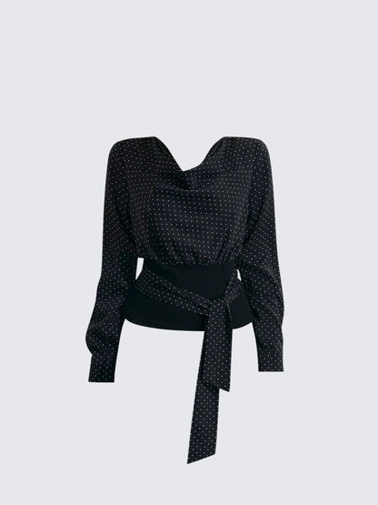 Polka Dot Cowl Neck Bow Shirt Women
