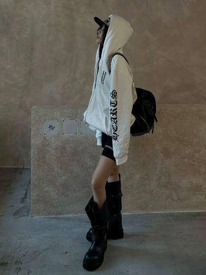 American Heavyweight Gothic Hoodie Autumn-Winter Zip-Up Pullover Letter Print Streetwear Top