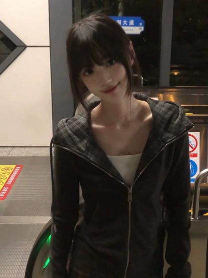 Slim Fit Hoodie Plaid Patchwork Zip Up Top