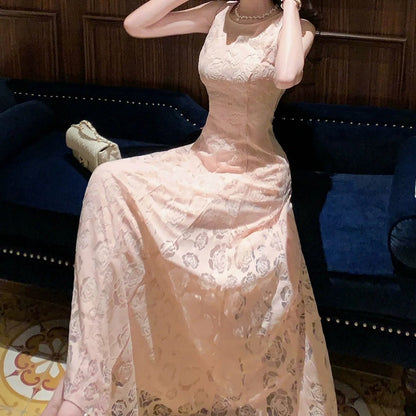 French Pink Rose Sleeveless Ball Gown Dress