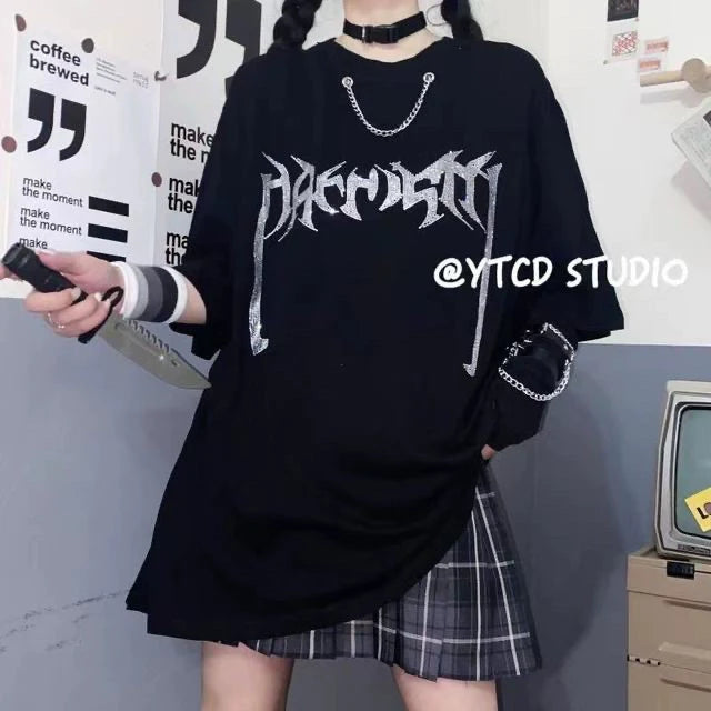 Black Subculture Punk Hip-Hop Y2K E-girl Rhinestone Chain Oversized Short Sleeve Top