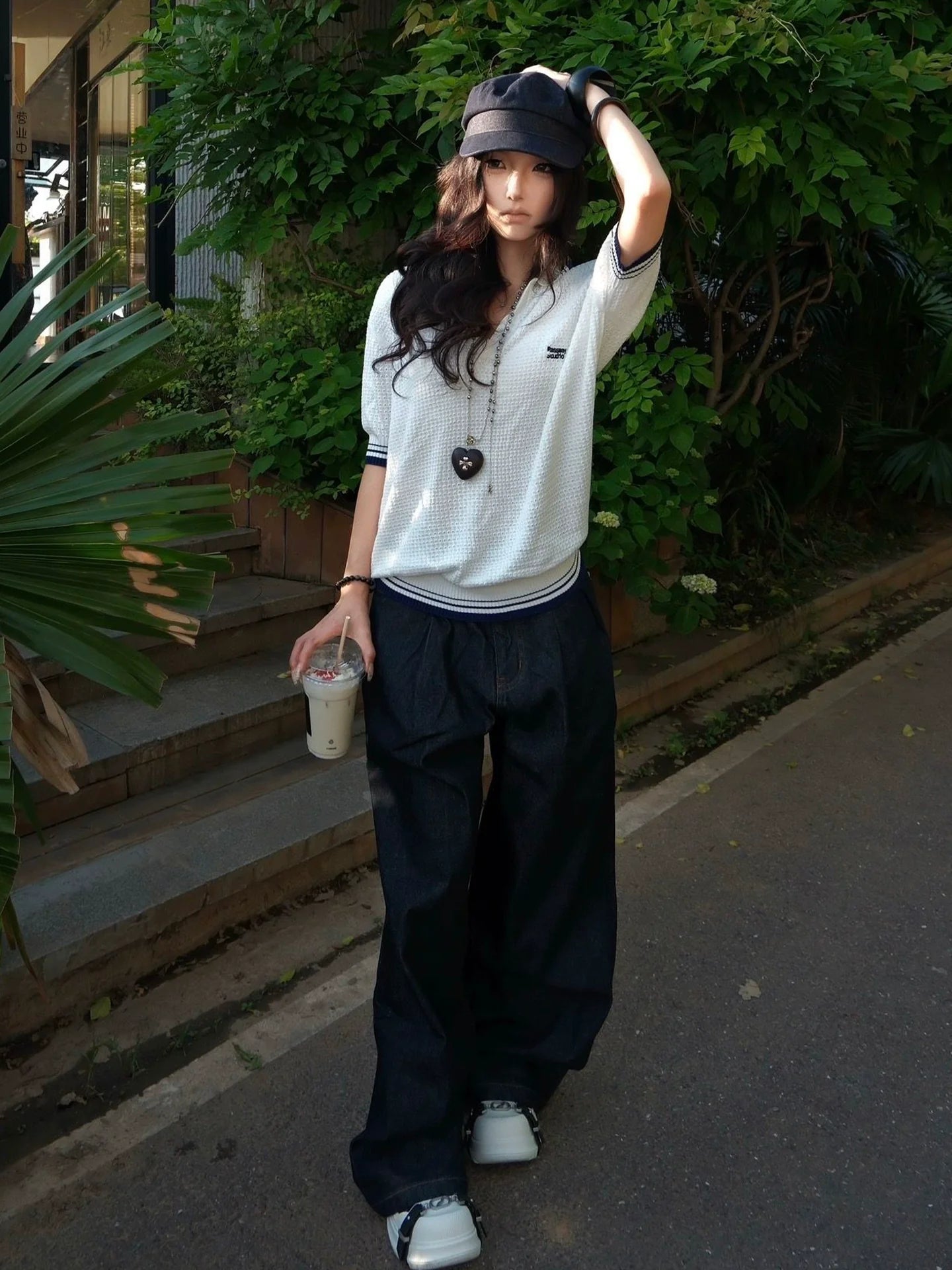 White Cutout V Neck Polo Knit Short Sleeve Top