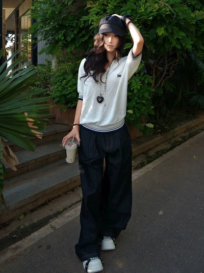 White Cutout V Neck Polo Knit Short Sleeve Top