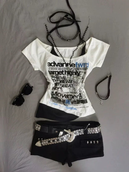 White Subculture Y2K E-girl Abi American Retro Letter Print Halter Fake Two-Piece Short Sleeve Top