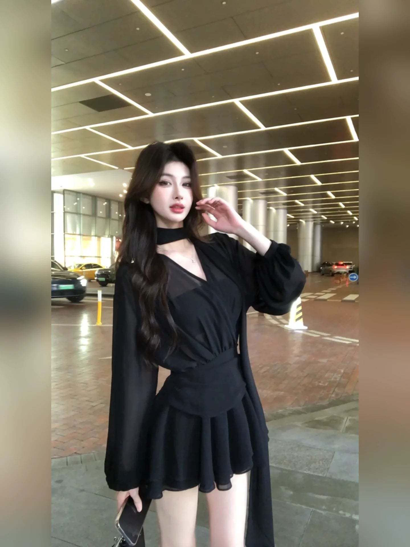 French Black Ribbon Chiffon Long-Sleeve Waist-Cinched A-Line Summer Mini Dress