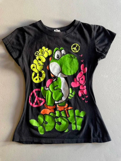 Black Subculture Y2K E-girl Abi American Retro Vintage Cartoon Print Short Sleeve Top