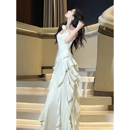 French Asymmetrical Spaghetti Strap Ruffle Gown Dress