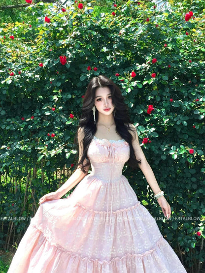 French Pink Halter Soft Sweet Waist-Cinched Princess Tiered Beach Vacation Maxi Dress