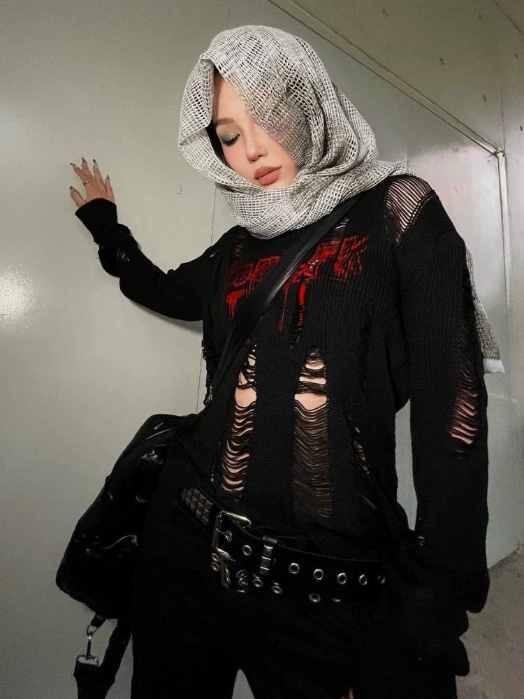 Black Subculture Gothic Rock Punk Y2K E-girl Abi Distressed Knit Long-Sleeve Top