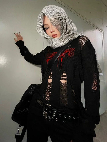 Black Subculture Gothic Rock Punk Y2K E-girl Abi Distressed Knit Long-Sleeve Top