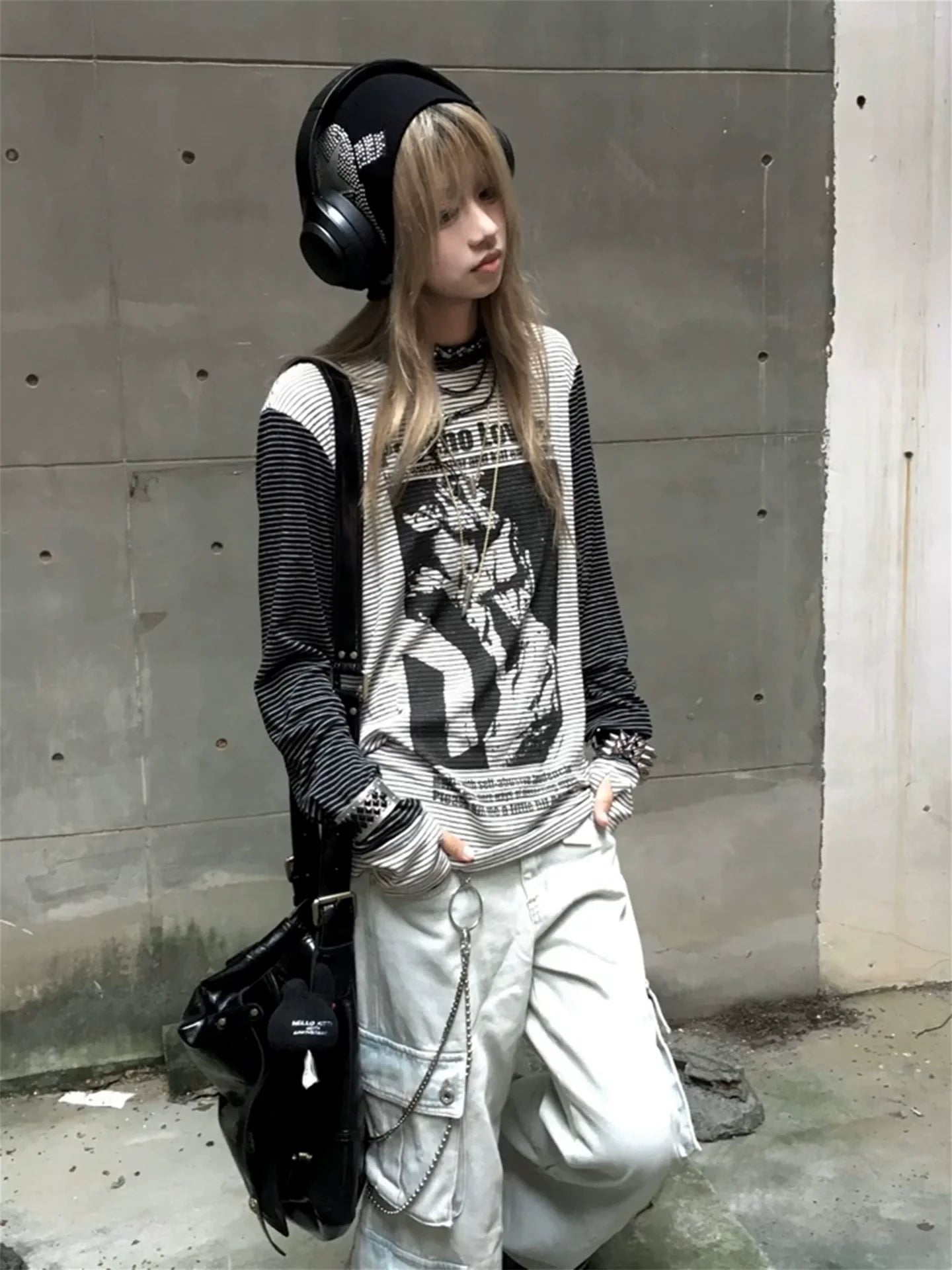 Y2K Subculture Striped Long Sleeve Tee Character Print Visual Kei Top