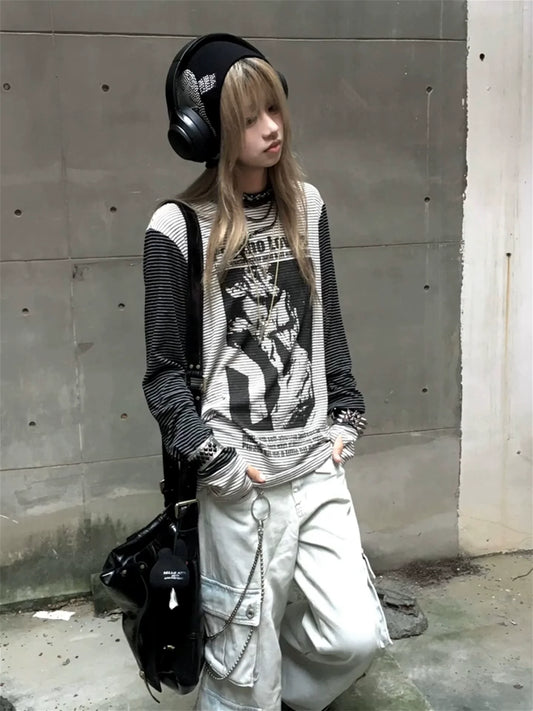 Y2K Subculture Striped Long Sleeve Tee Character Print Visual Kei Top