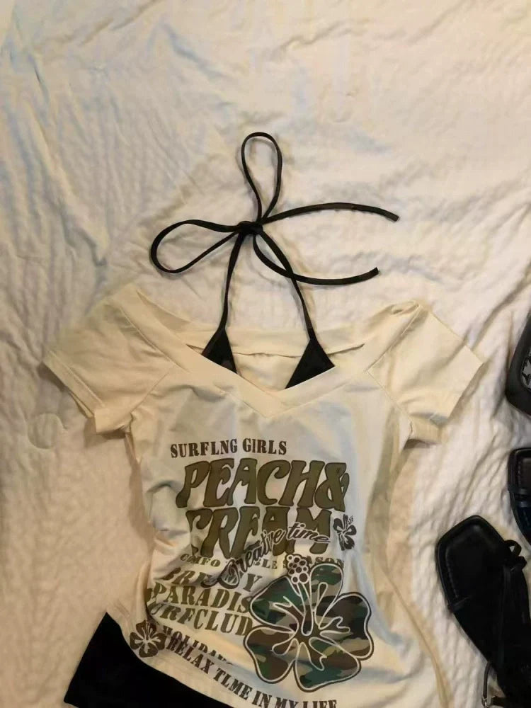 Apricot Subculture Y2K E-girl Abi American Retro V-neck Fake Two-Piece Short Sleeve Top