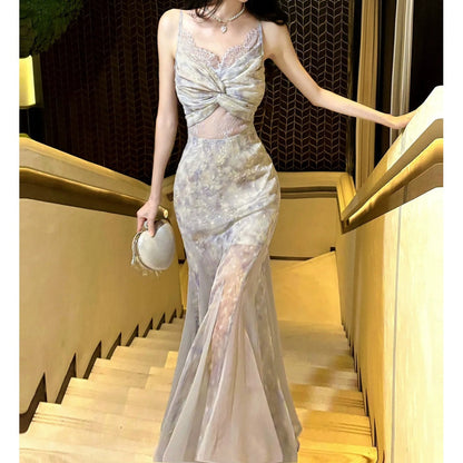 Purple Lace Floral Spaghetti Gown Prom Dress