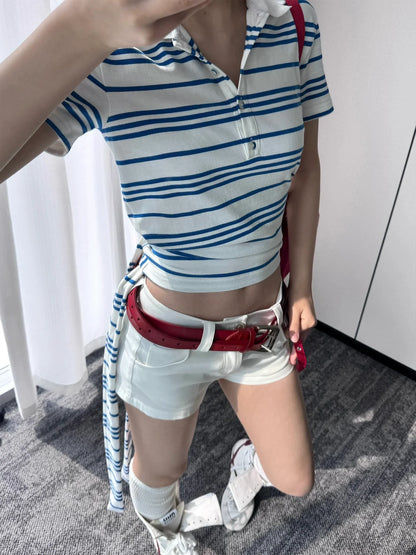 Preppy Blue Striped Short Sleeve Polo Top Summer Y2K Shirt