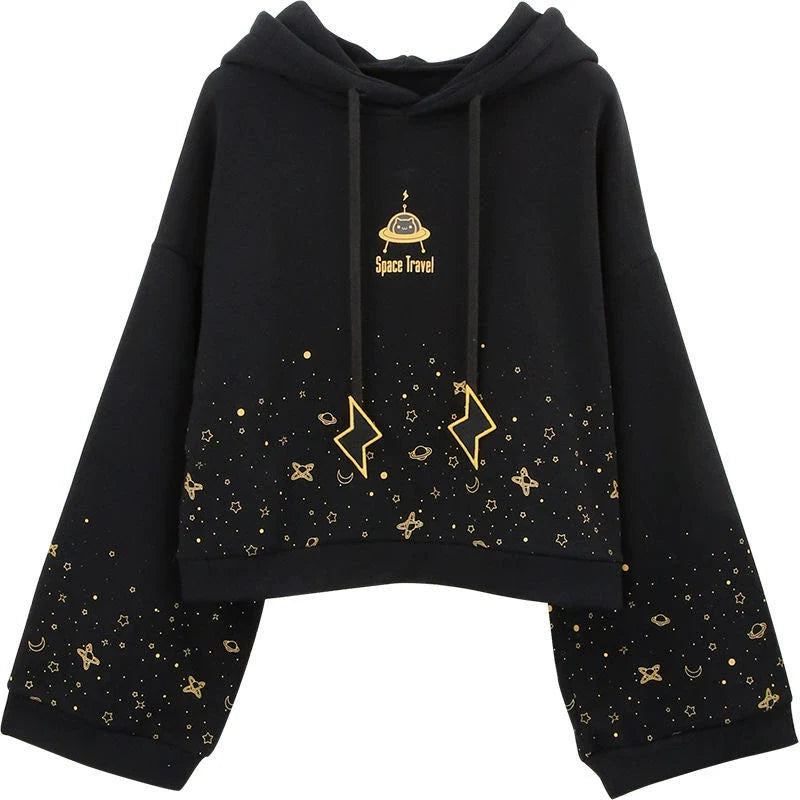 Black Y2K Japanese Bell-Sleeve Hoodie