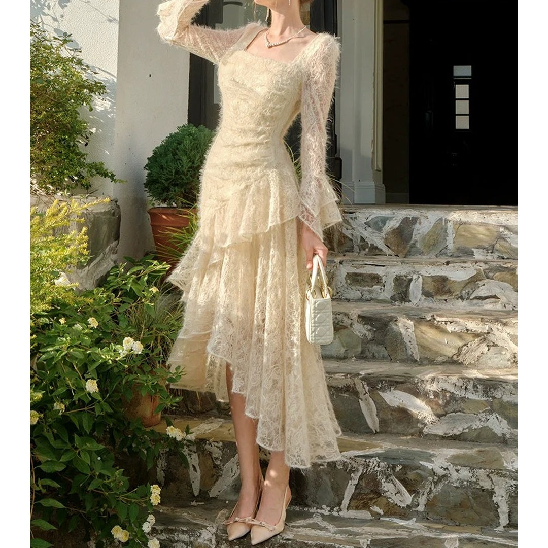 Embroidered Velvet Long Sleeve Gown Prom Dress