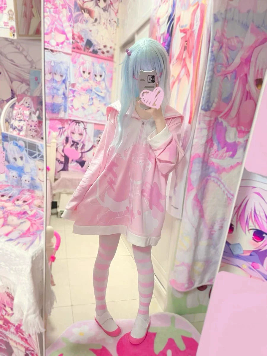 Black White Y2K Anime Injured Cat Print Cat-Ear Naval Collar Fleece Hoodie