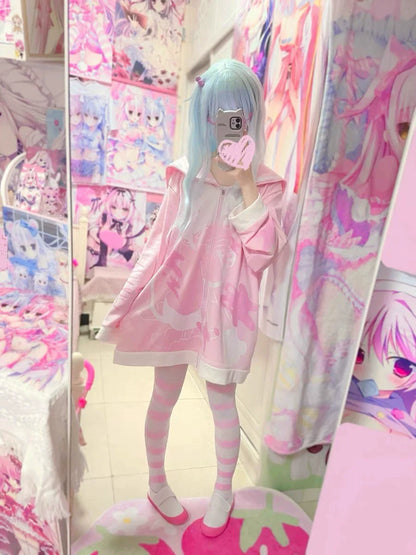 Black White Y2K Anime Injured Cat Print Cat-Ear Naval Collar Fleece Hoodie