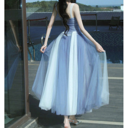 French Tulle Splice Spaghetti Strap Gown Dress – Colorblock Puff Skirt