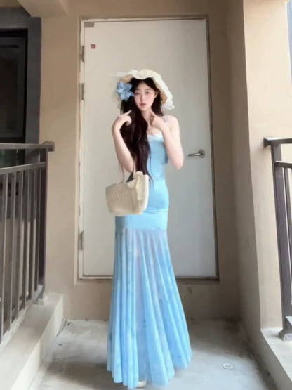 Blue Lace Tulle Camisole Unique Mermaid Bodycon Maxi Dress