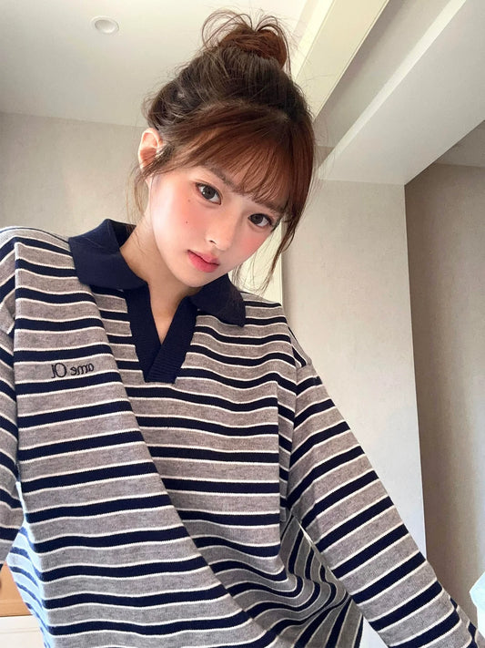 Lazy Striped V-Neck Sweater Autumn-Winter Embroidered Knit Couple Top