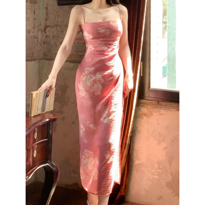Modern Chinese Floral Texture Spaghetti Strap Gown Dress – Summer National Style Dress