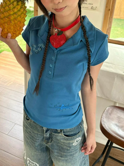 Blue Cropped Polo Shirt Y2K Retro Fitted Short Sleeve Top