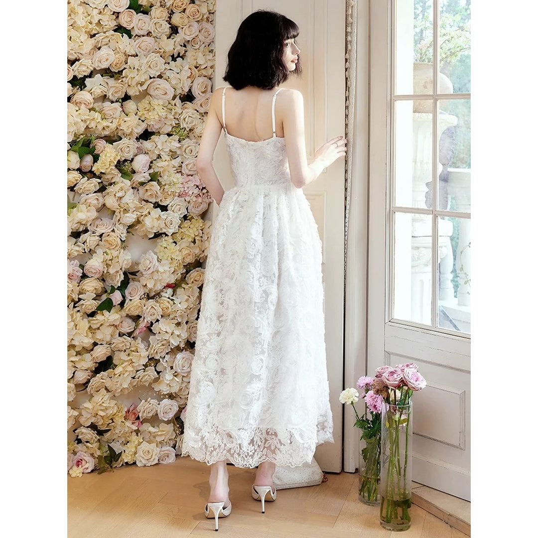 French Rose Lace Embroidered Spaghetti Strap Mermaid Gown Dress