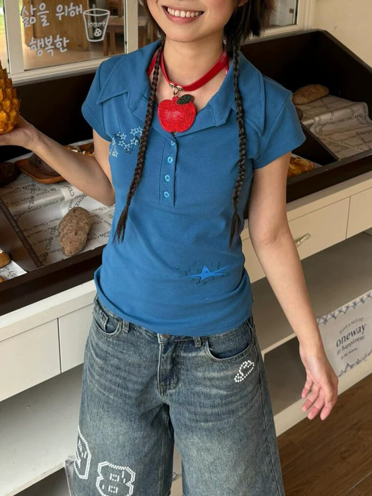 Blue Cropped Polo Shirt Y2K Retro Fitted Short Sleeve Top