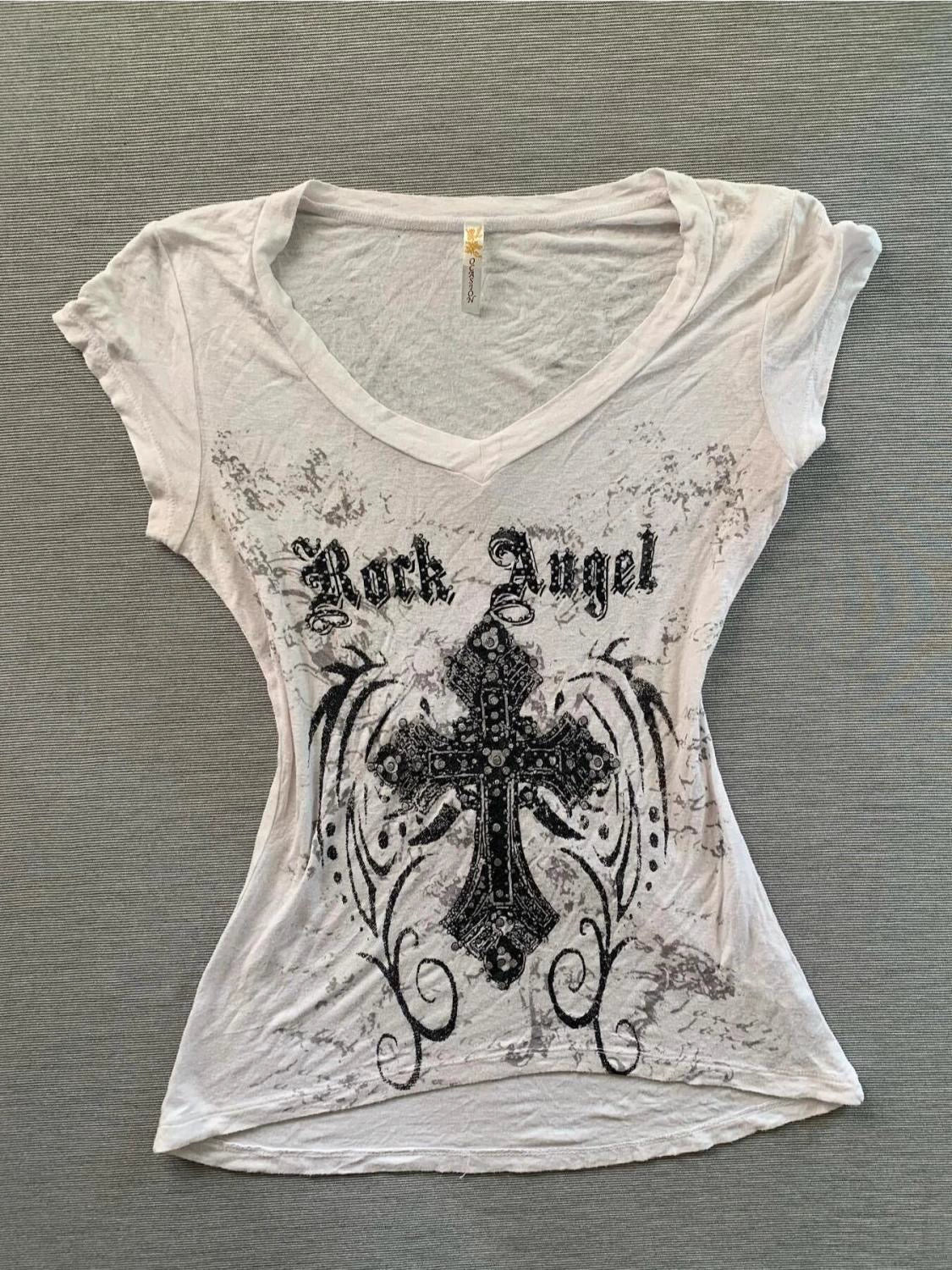 White Cross Short Sleeve Subculture Rock Punk Y2K Abi American Retro Print Light Subculture Top