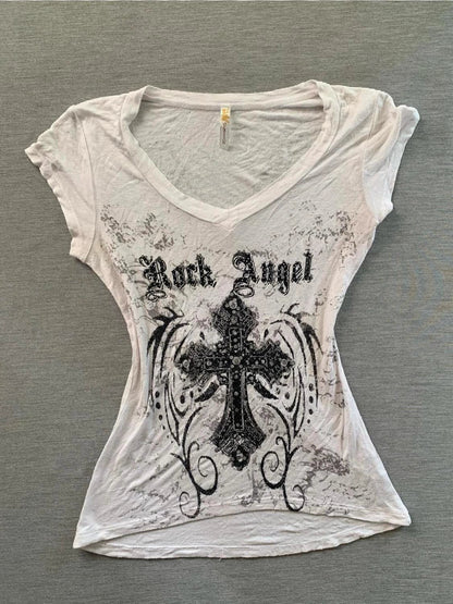 White Cross Short Sleeve Subculture Rock Punk Y2K Abi American Retro Print Light Subculture Top