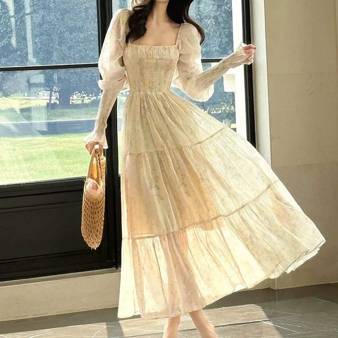 French Printed Puff Sleeve Resort Gown Dress