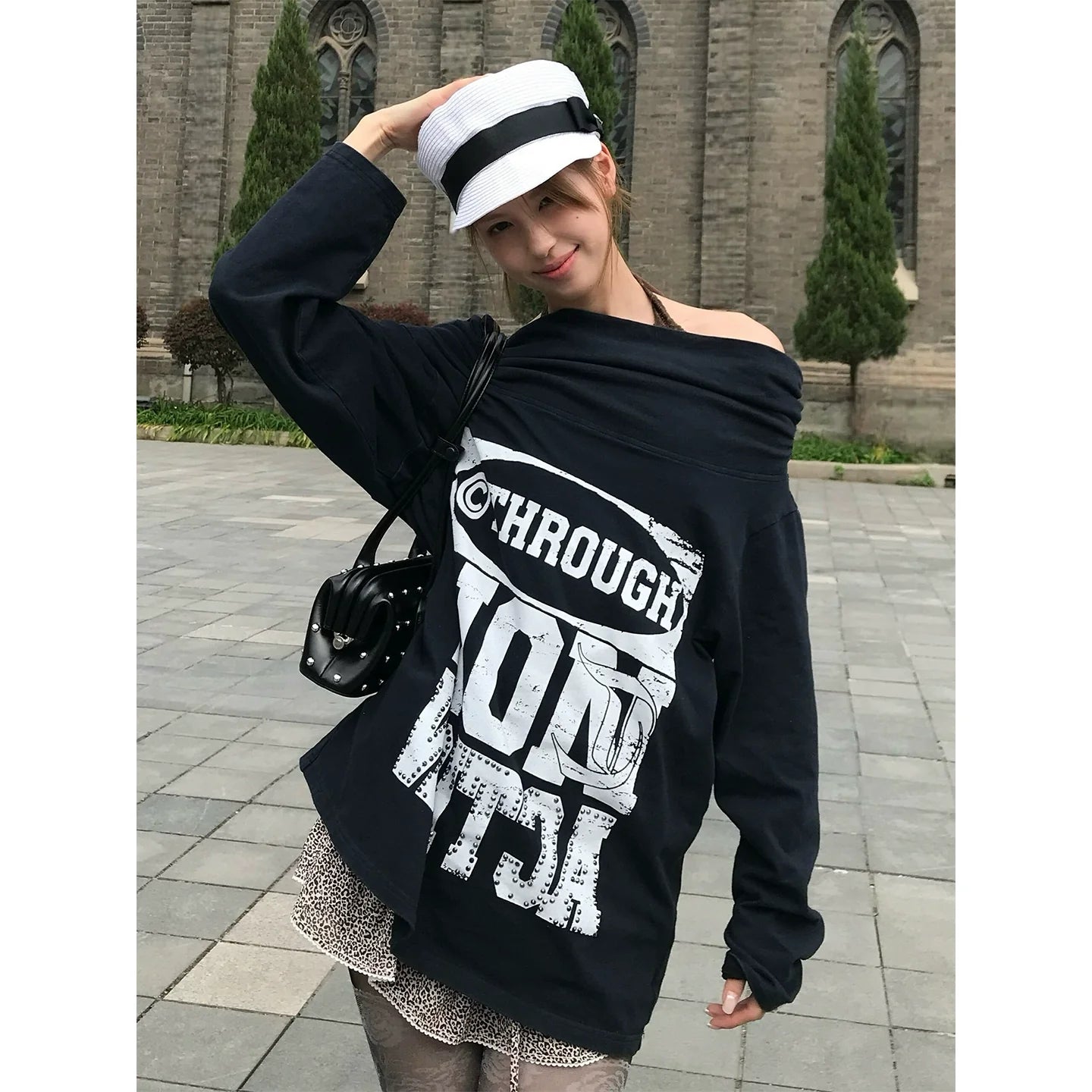 American Hot Girl Off-Shoulder Long Sleeve Tee  Rhinestone Print Lazy Chic Top