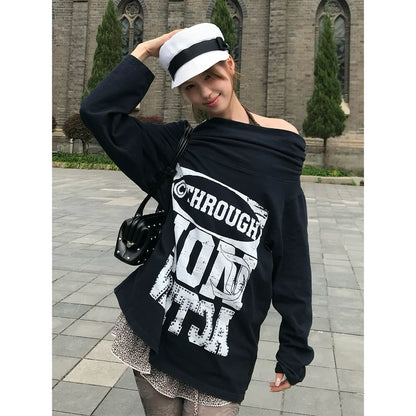 American Hot Girl Off-Shoulder Long Sleeve Tee  Rhinestone Print Lazy Chic Top