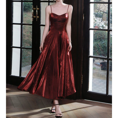 French Red Spaghetti Strap Luxury Gown Dress